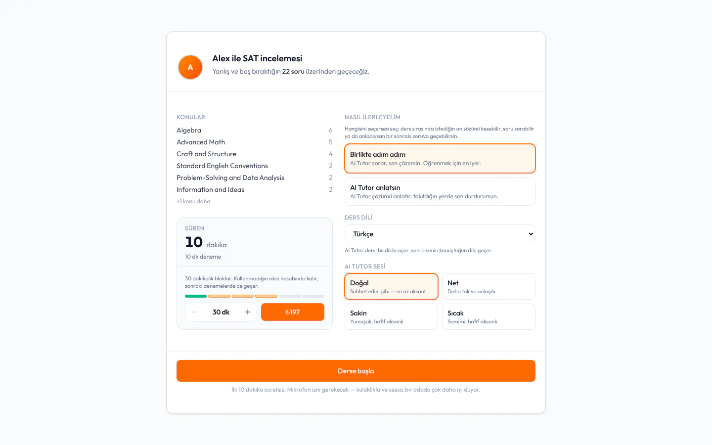 AI Tutor başlangıç ekranı: incelenecek soru sayısı ve konular, kalan süre, ders biçimi, ders dili ve AI Tutor'un sesi.