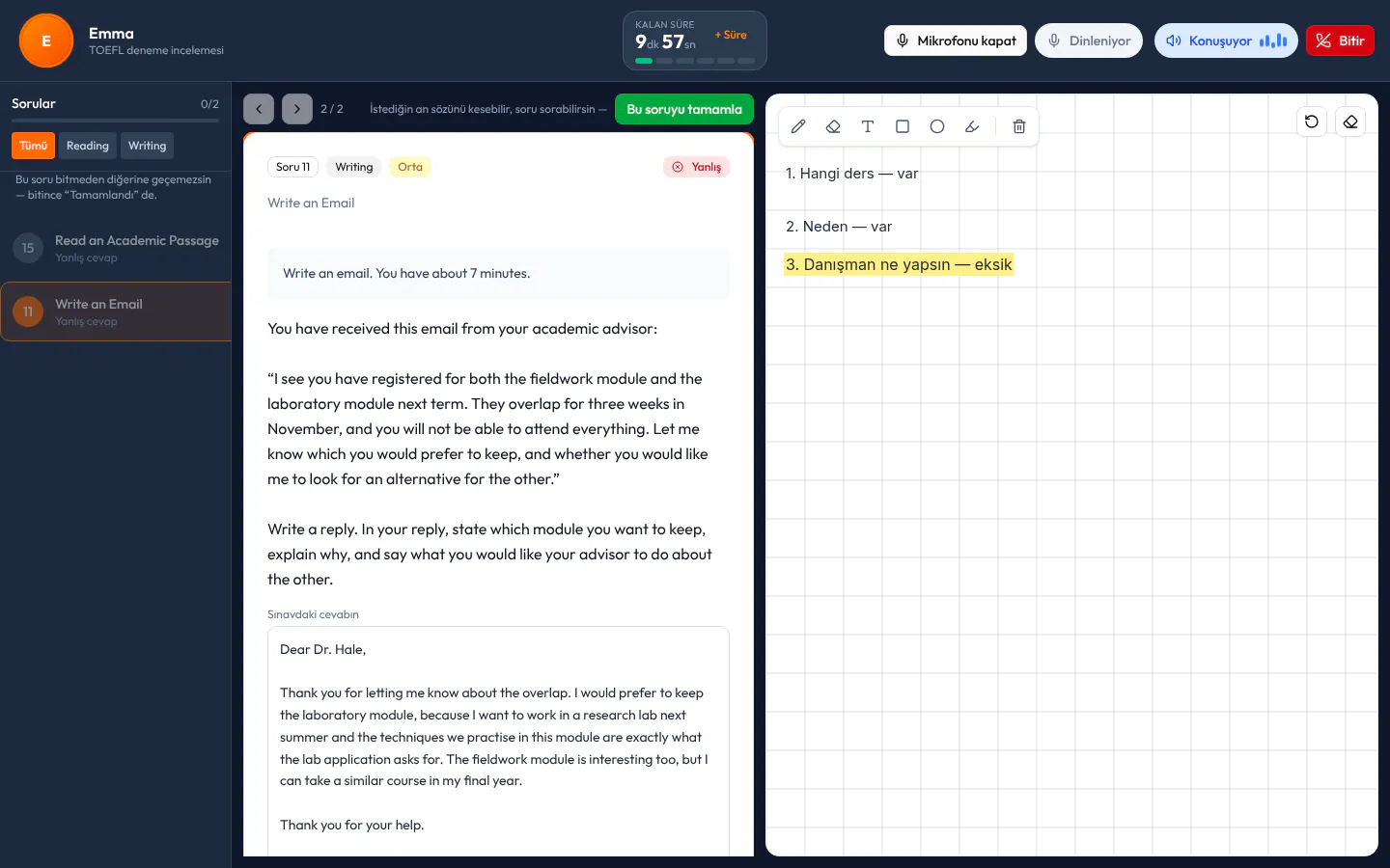 AI Tutor ders ekranı: solda yanlış ve boş bırakılan sorular, ortada TOEFL Write an Email görevi, öğrencinin e-postası ve puanıyla, sağda AI Tutor'un tahtaya yazdığı notlar.
